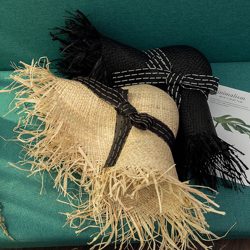 Mittatilaustyönä värjätty musta Raffia Straw Lady Floppy Hat