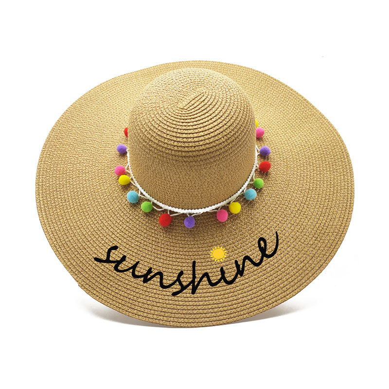 Pompom Trim Lady UPF 50 Floppy Straw Hat